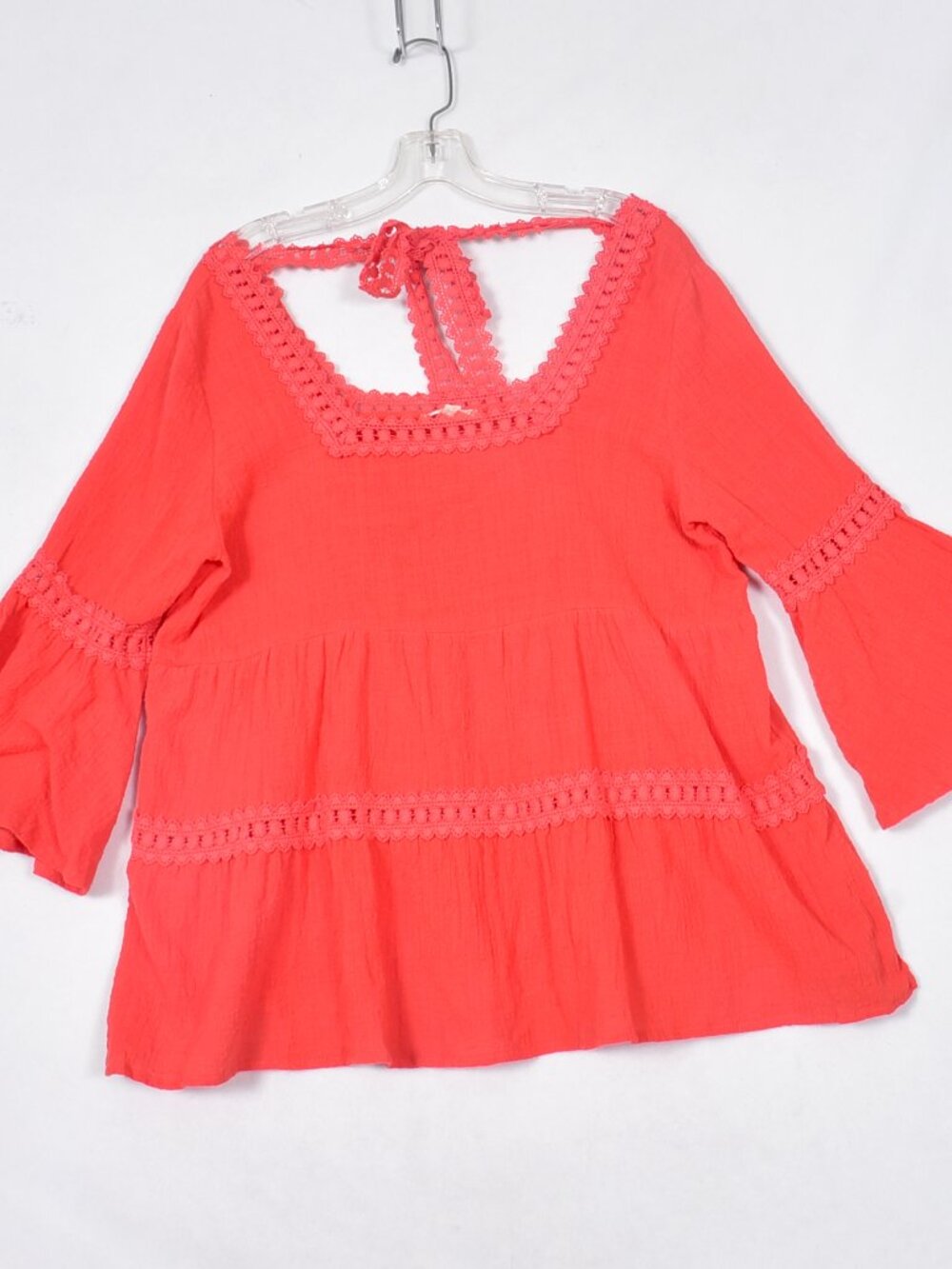 Oddy Women's Blouse Size Medium Lace Trim Peasant Bell Sleeve Orange